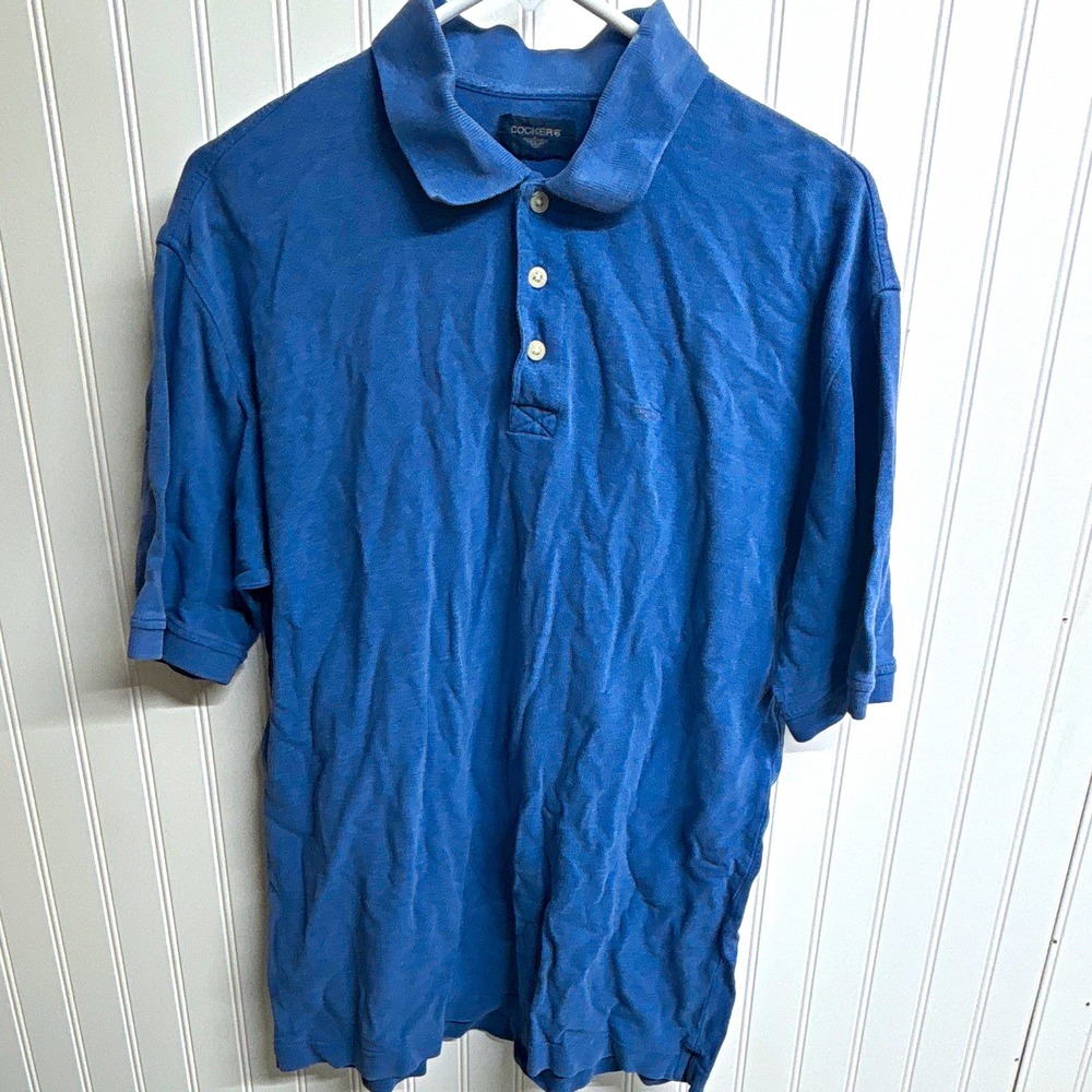 Dockers Men's M Blue Solid Cotton Knit Short Sleeve Collared Button Polo